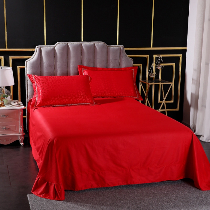 91家纺网 家纺一手货源 找家纺 玫瑰之恋大红 2019新款柔丝棉提花四件套 纯棉全棉贡缎婚庆