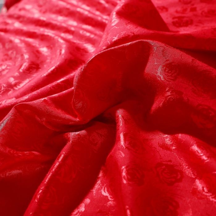 91家纺网 家纺一手货源 找家纺 玫瑰之恋大红 2019新款柔丝棉提花四件套 纯棉全棉贡缎婚庆