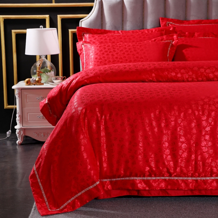 91家纺网 家纺一手货源 找家纺 玫瑰之恋大红 2019新款柔丝棉提花四件套 纯棉全棉贡缎婚庆