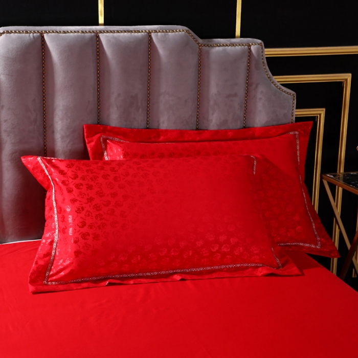 91家纺网 家纺一手货源 找家纺 玫瑰之恋大红 2019新款柔丝棉提花四件套 纯棉全棉贡缎婚庆