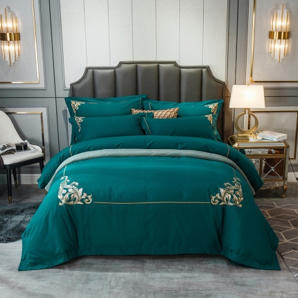 91家纺网 家纺一手货源 找家纺 鼎飞家纺 2019新款全棉磨毛绣花四件套 菲拉格-黛绿