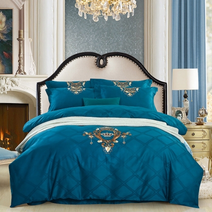 91家纺网 家纺一手货源 找家纺 巧玲珑 60S欧式提花刺绣四件套 安吉拉-深海蓝