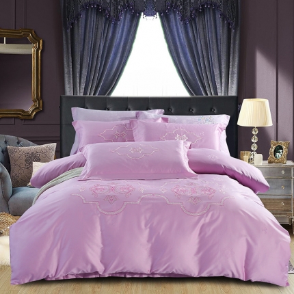 91家纺网 家纺一手货源 找家纺 巧玲珑 60S欧式提花刺绣四件套 宝格丽-粉雪青