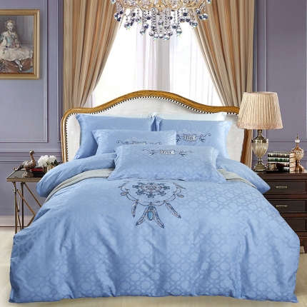 91家纺网 家纺一手货源 找家纺 巧玲珑 60S欧式提花刺绣四件套 伯尼尔-白日蓝