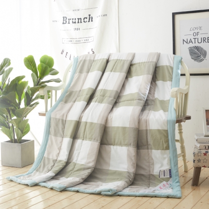 佑泽家纺 新款无印良品水洗棉夏被 绿大格