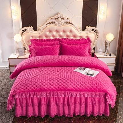 91家纺网 家纺一手货源 找家纺 （总）恒爱家纺2021新款翩翩花舞水晶绒夹棉蕾丝四件套床裙款