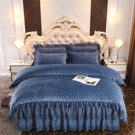 91家纺网 家纺一手货源 找家纺 （总）恒爱家纺2021新款翩翩花舞水晶绒夹棉蕾丝四件套床裙款