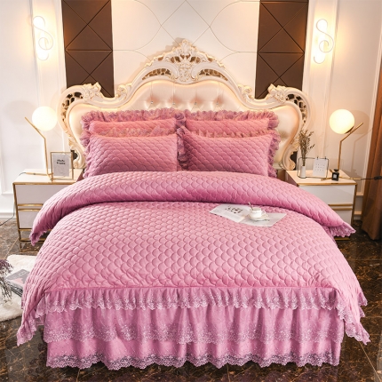 恒爱家纺2021新款水晶绒夹棉蕾丝四件套 翩翩花舞-豆沙红