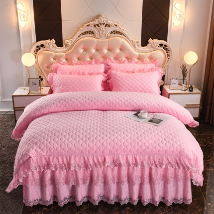 恒爱家纺2021新款水晶绒夹棉蕾丝四件套 翩翩花舞-公主粉