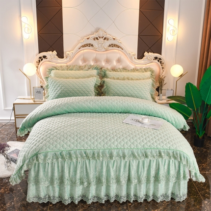 91家纺网 家纺一手货源 找家纺 恒爱家纺2021新款水晶绒夹棉蕾丝四件套 翩翩花舞-抹茶绿