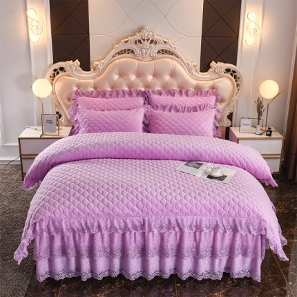 恒爱家纺2021新款水晶绒夹棉蕾丝四件套 翩翩花舞-罗兰紫
