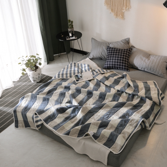 91家纺网 家纺一手货源 找家纺 朴尔家纺 夏季毛巾被纯棉毛毯被夏被毯子空调被日式大格-蓝