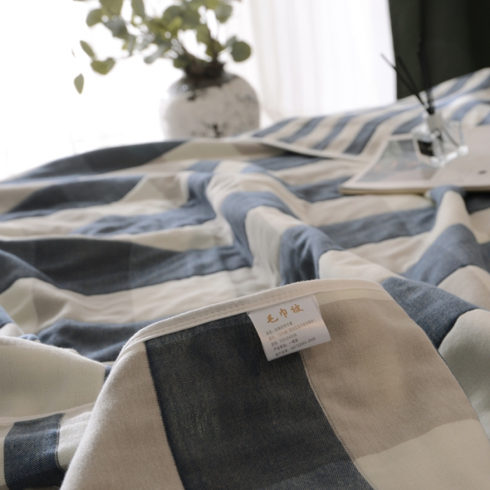 91家纺网 家纺一手货源 找家纺 朴尔家纺 夏季毛巾被纯棉毛毯被夏被毯子空调被日式大格-蓝