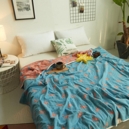 91家纺网 家纺一手货源 找家纺 朴尔家纺六层纱布毯毛巾被纯棉全棉夏被空调被毛巾毯火烈鸟-深蓝