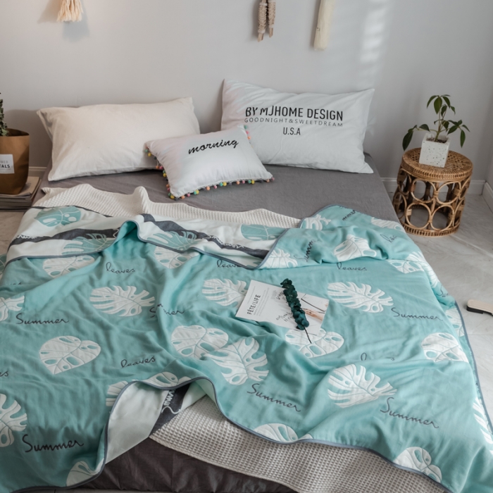 91家纺网 家纺一手货源 找家纺 朴尔 2019新款时尚六层纱布系列毛巾被 芭蕉叶语