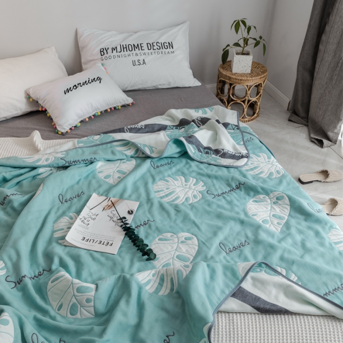 91家纺网 家纺一手货源 找家纺 朴尔 2019新款时尚六层纱布系列毛巾被 芭蕉叶语