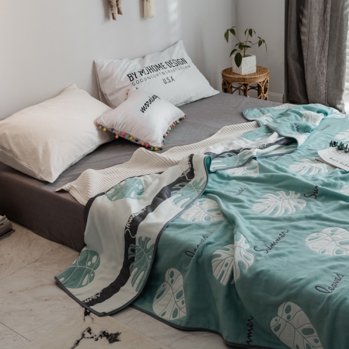 91家纺网 家纺一手货源 找家纺 朴尔 2019新款时尚六层纱布系列毛巾被 芭蕉叶语