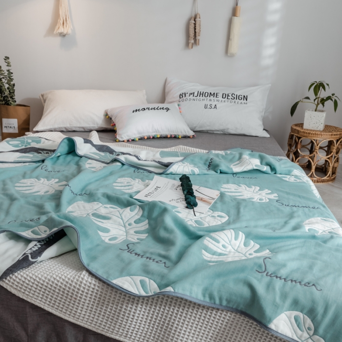 91家纺网 家纺一手货源 找家纺 朴尔 2019新款时尚六层纱布系列毛巾被 芭蕉叶语