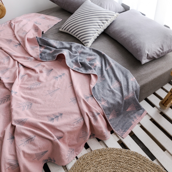 91家纺网 家纺一手货源 找家纺 朴尔家纺双层纱毛巾被全棉纱布夏被空调被毛毯提花盖毯 松柏粉