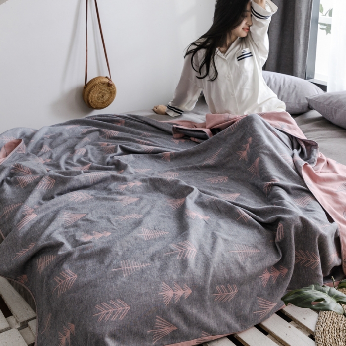 91家纺网 家纺一手货源 找家纺 朴尔家纺双层纱毛巾被全棉纱布夏被空调被毛毯提花盖毯 松柏粉