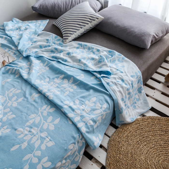 91家纺网 家纺一手货源 找家纺 朴尔家纺 2020年新款双层全棉纱布毛巾被 枝繁叶茂-蓝