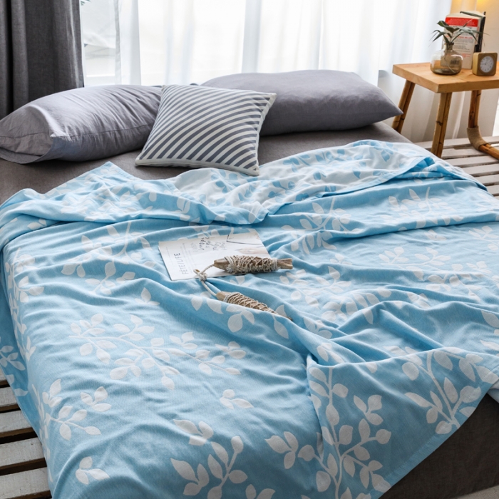 91家纺网 家纺一手货源 找家纺 朴尔家纺 2020年新款双层全棉纱布毛巾被 枝繁叶茂-蓝