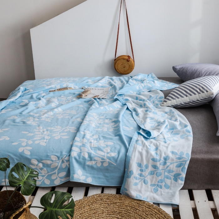 91家纺网 家纺一手货源 找家纺 朴尔家纺 2020年新款双层全棉纱布毛巾被 枝繁叶茂-蓝