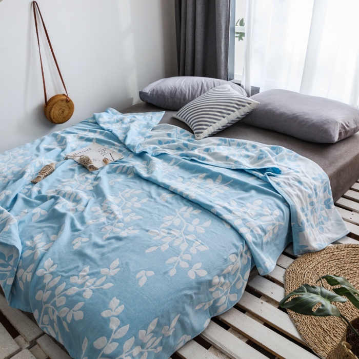 91家纺网 家纺一手货源 找家纺 朴尔家纺 2020年新款双层全棉纱布毛巾被 枝繁叶茂-蓝