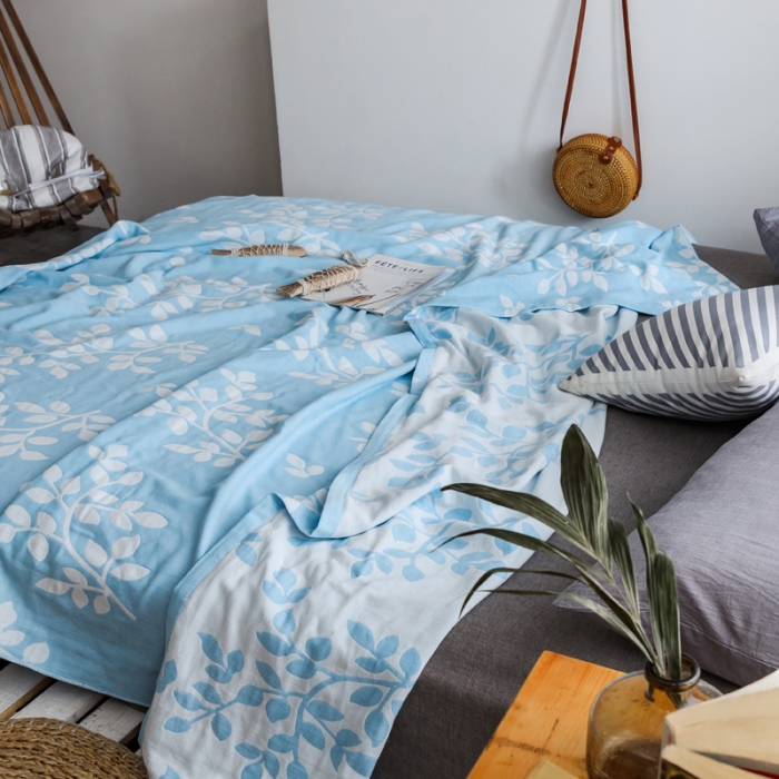 91家纺网 家纺一手货源 找家纺 朴尔家纺 2020年新款双层全棉纱布毛巾被 枝繁叶茂-蓝