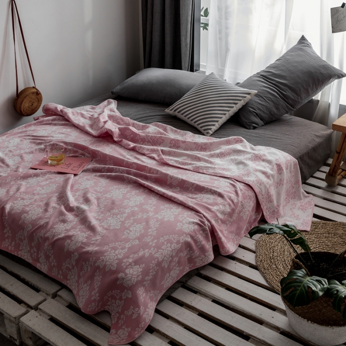 91家纺网 家纺一手货源 找家纺 朴尔家纺 2020年新款双层全棉纱布毛巾被 和风古韵-粉