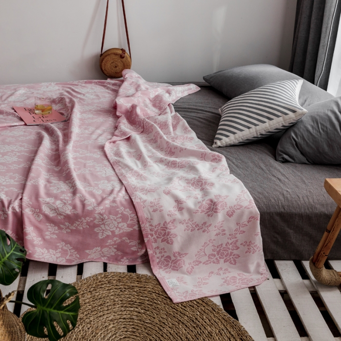 91家纺网 家纺一手货源 找家纺 朴尔家纺 2020年新款双层全棉纱布毛巾被 和风古韵-粉