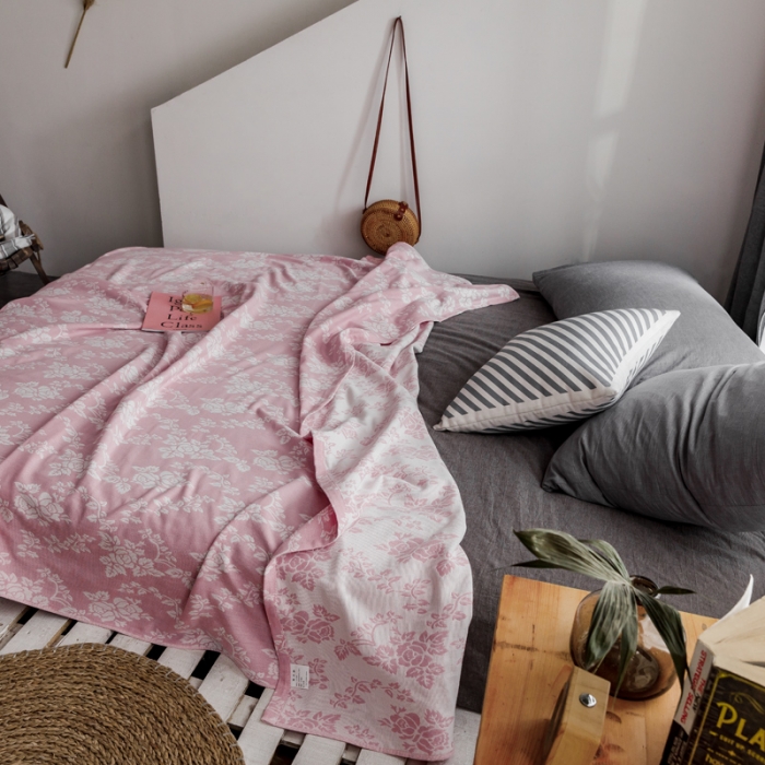 91家纺网 家纺一手货源 找家纺 朴尔家纺 2020年新款双层全棉纱布毛巾被 和风古韵-粉