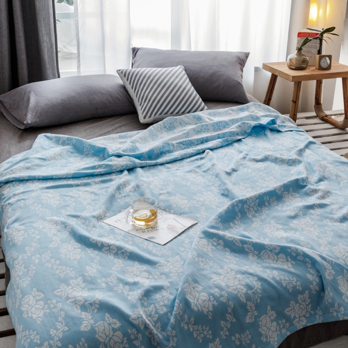 91家纺网 家纺一手货源 找家纺 朴尔家纺 2020年新款双层全棉纱布毛巾被 和风古韵-蓝