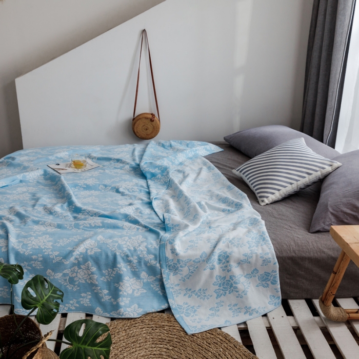 91家纺网 家纺一手货源 找家纺 朴尔家纺 2020年新款双层全棉纱布毛巾被 和风古韵-蓝