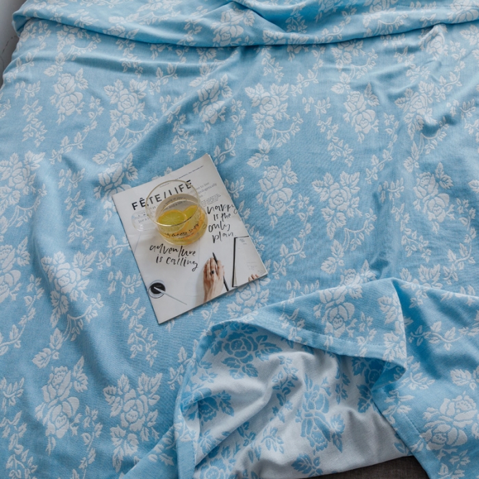 91家纺网 家纺一手货源 找家纺 朴尔家纺 2020年新款双层全棉纱布毛巾被 和风古韵-蓝