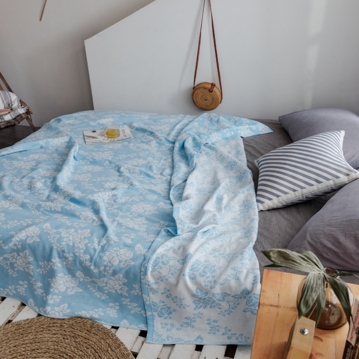 91家纺网 家纺一手货源 找家纺 朴尔家纺 2020年新款双层全棉纱布毛巾被 和风古韵-蓝