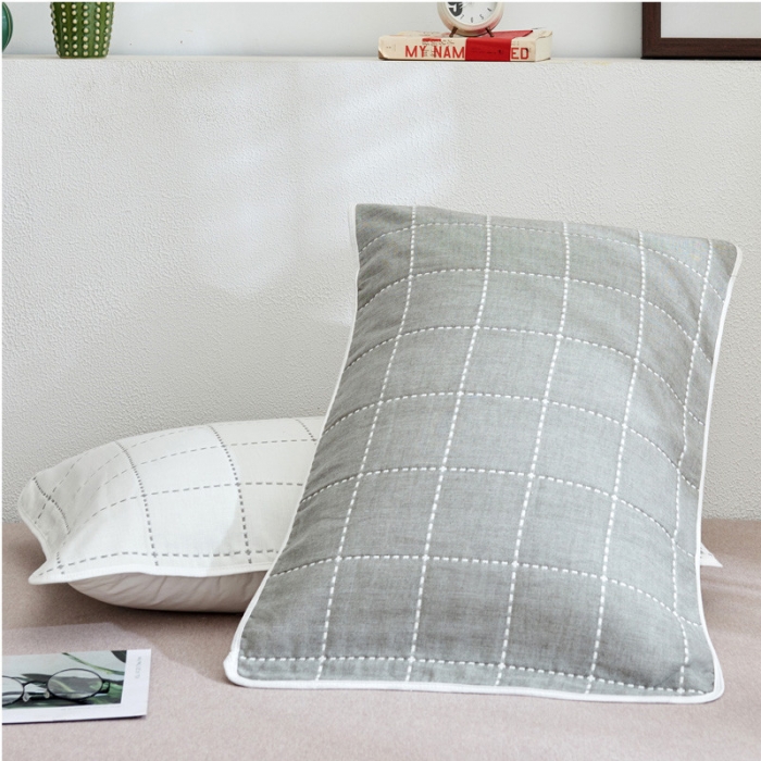 91家纺网 家纺一手货源 找家纺 朴尔全棉一对装成人情侣婴童单人学生六层纱布枕巾时尚虚线灰