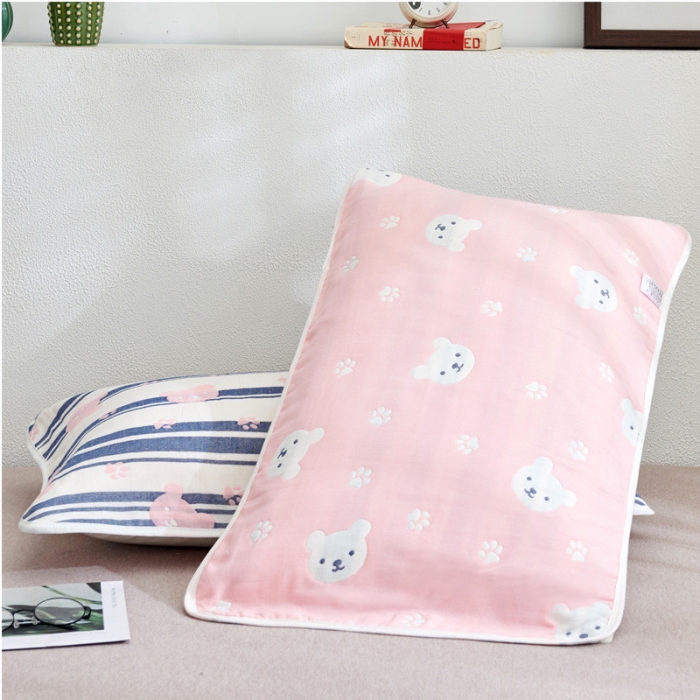 91家纺网 家纺一手货源 找家纺 朴尔全棉一对装成人情侣婴童单人学生六层纱布枕巾甜蜜小熊粉