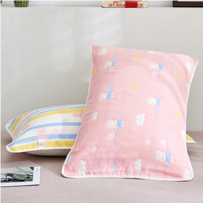 91家纺网 家纺一手货源 找家纺 朴尔全棉一对装成人情侣婴童学生六层纱布枕巾小猪琪琪粉