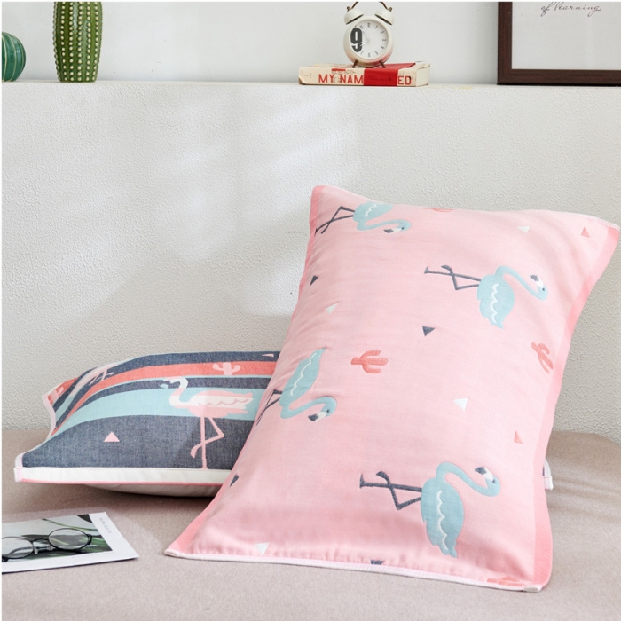 91家纺网 家纺一手货源 找家纺 朴尔全棉一对装成人情侣婴童单人学生男全棉六层纱布枕巾幸福鸟粉