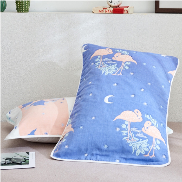 91家纺网 家纺一手货源 找家纺 朴尔全棉一对装成人情侣婴童单人学生男全棉六层纱布枕巾悠悠鸟兰