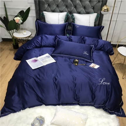91家纺网 家纺一手货源 找家纺 祺瑞佳 2022水洗真丝全棉绣花四件套-LOVE 蔚蓝