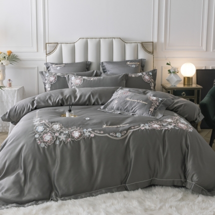 91家纺网 家纺一手货源 找家纺 祺瑞佳 2022水洗真丝全棉绣花四件套-LOVE 格雅情愫-灰色