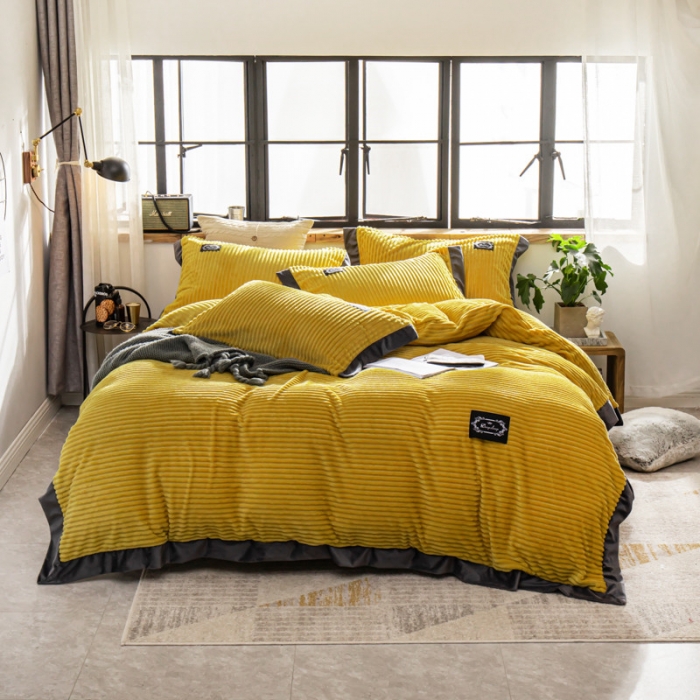 91家纺网 家纺一手货源 找家纺 金奇达 2019休闲宽边魔法绒四件套 宽边姜黄