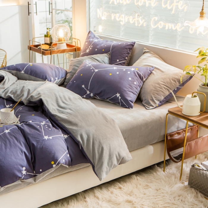 91家纺网 家纺一手货源 找家纺 金奇达 2019新款A棉B绒四件套 北极星