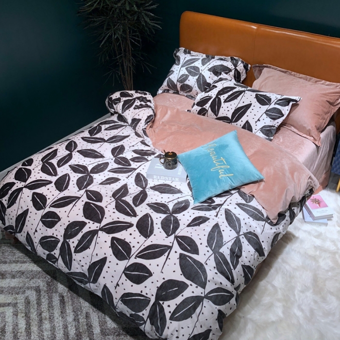 91家纺网 家纺一手货源 找家纺 金奇达 2019新款宝宝绒四件套实拍图 墨叶