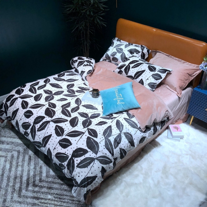 91家纺网 家纺一手货源 找家纺 金奇达 2019新款宝宝绒四件套实拍图 墨叶