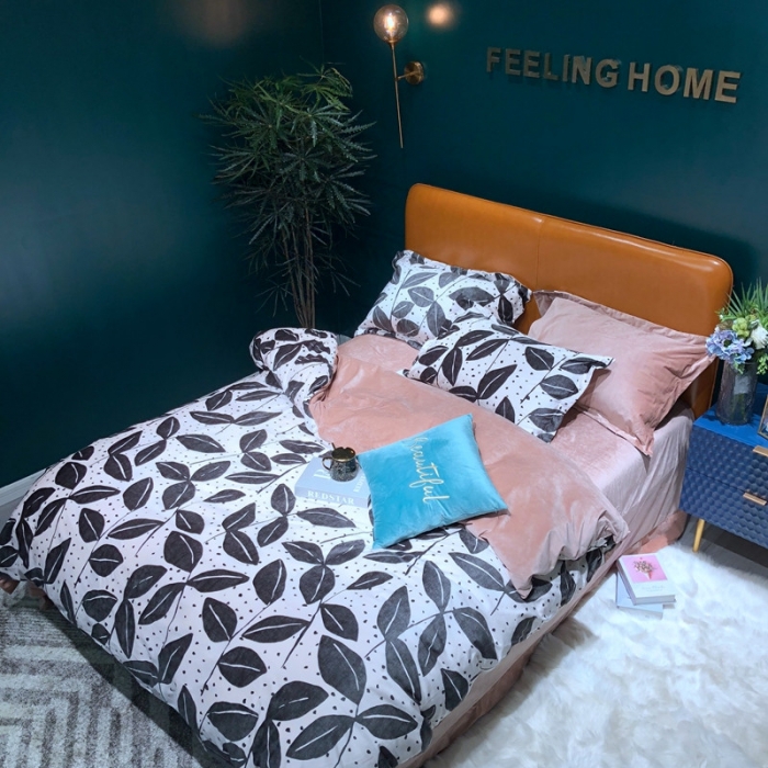 91家纺网 家纺一手货源 找家纺 金奇达 2019新款宝宝绒四件套实拍图 墨叶