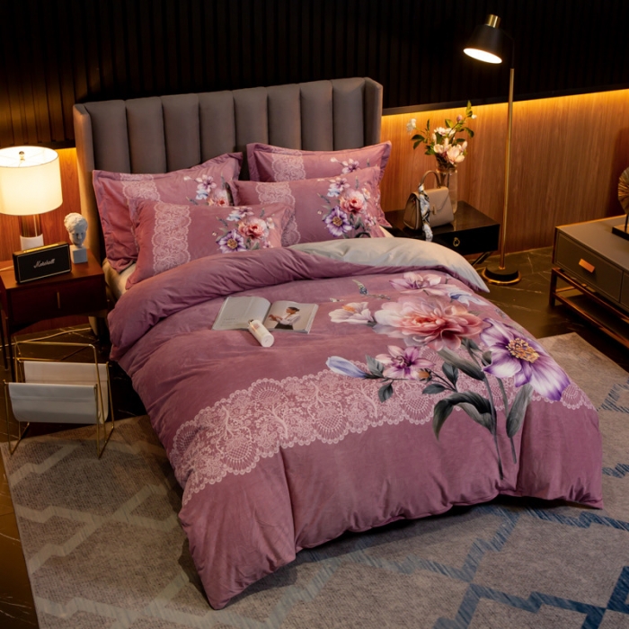 91家纺网 家纺一手货源 找家纺 金奇达 2019大版数码花卉系列宝宝绒四件套 唯美-豆沙