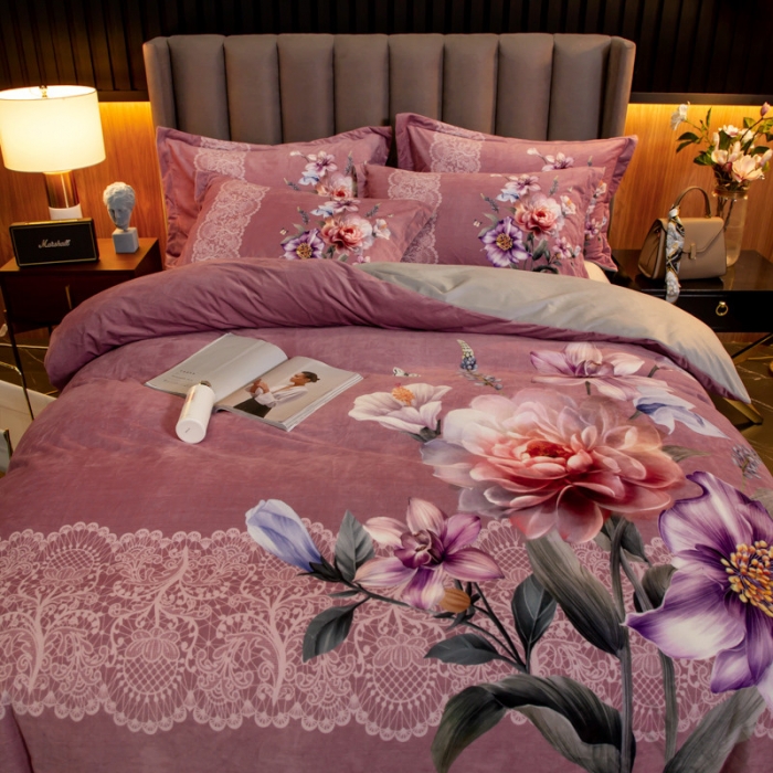 91家纺网 家纺一手货源 找家纺 金奇达 2019大版数码花卉系列宝宝绒四件套 唯美-豆沙